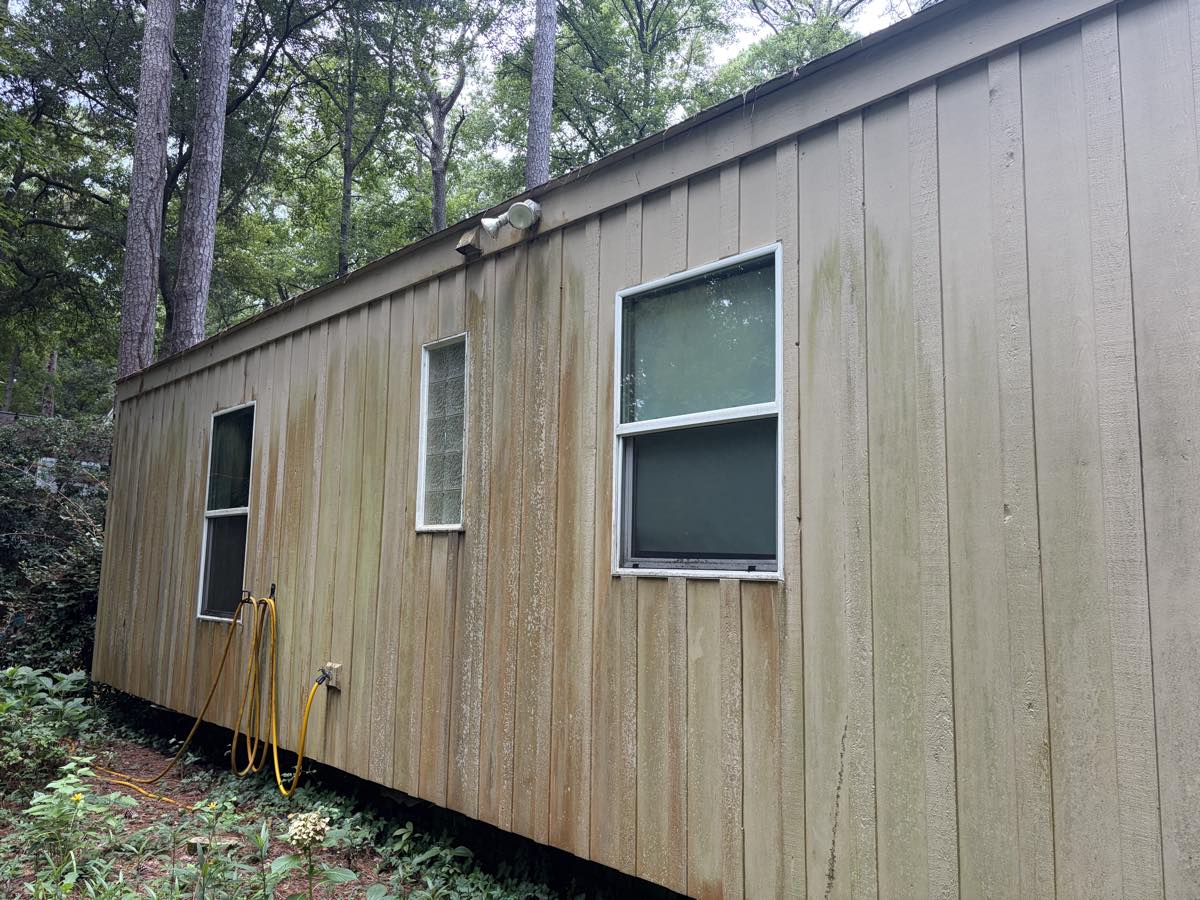 House siding covered in green and brown algae growth before washing